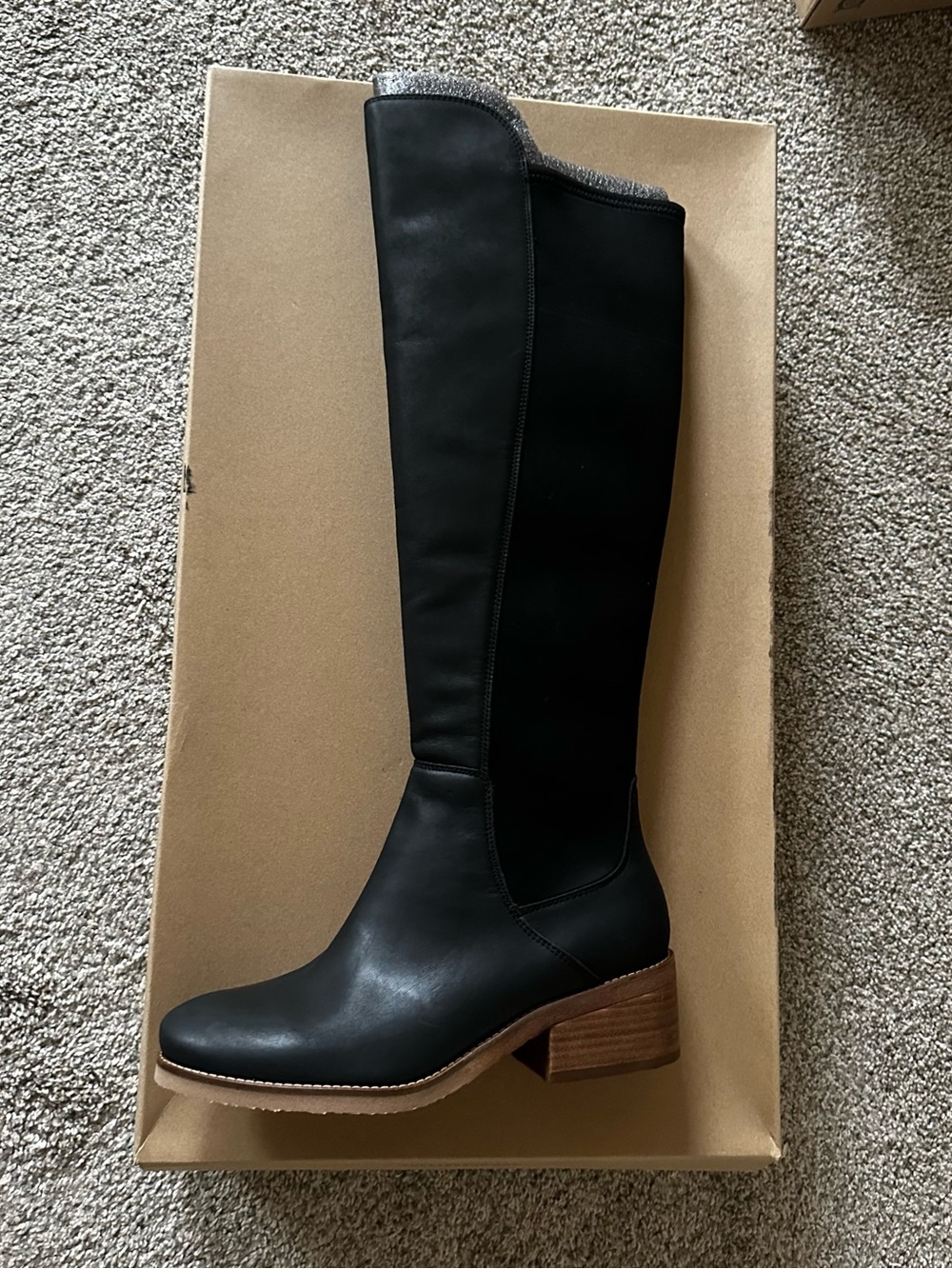 NEW Lucky Brand Black Over-the-Knee Block Heel Boots with Wood-Tone Heel